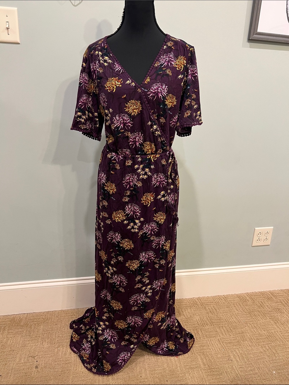 Floral Faux Wrap Maxi Dress in Deep Purple-NWOT